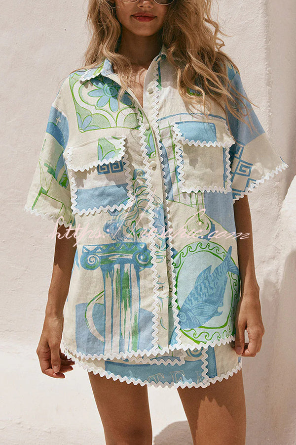 Linen Blend Ric Rac Trim Printed Shirt & Wrap Mini Skirt Set