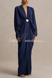 Satin Plunge V-Neck Maxi Dress with Gold Trim & Batwing Sleeves