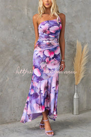 Floral Mesh One Shoulder Ruched Maxi Dress