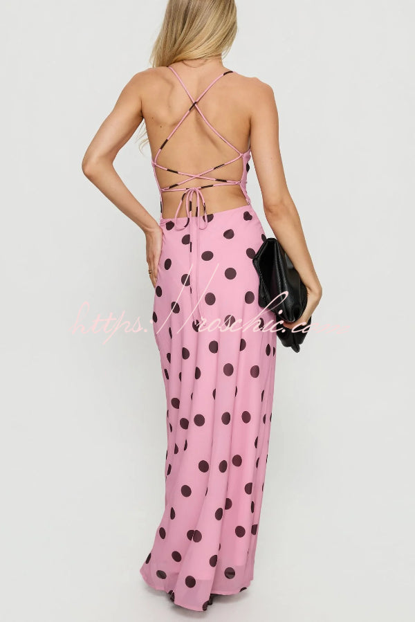 Polka Dot Halter Neck Backless Maxi Dress – Slim Fit