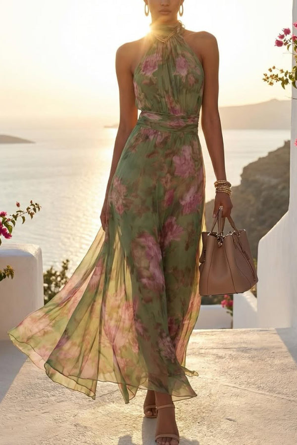 Floral Print Halter Neck Maxi Dress | Vacation Casual