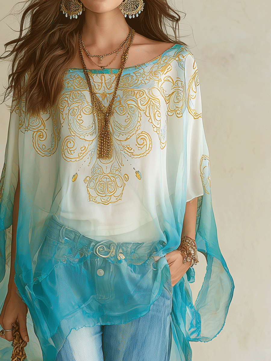 Turquoise Ombre Sheer Long Sleeve Blouse | Coastal Style