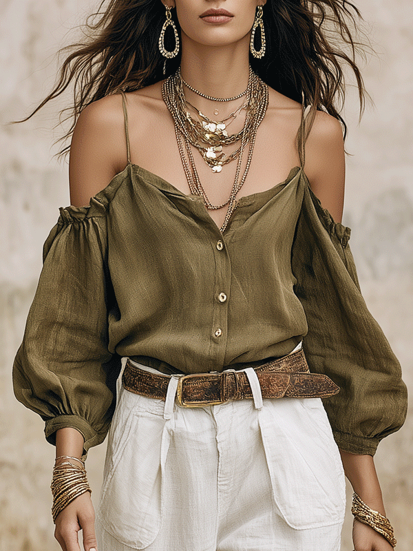 Ensemble bohème haut olive à épaules dénudées et pantalon blanc à jambes larges