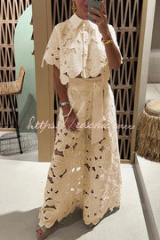 Floral Lace Cropped Shirt & Wide Leg Pants Set with Belt