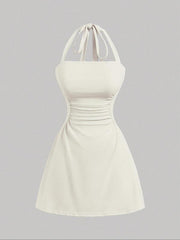 Women's Plain Ruched Tie Back Halter Dress, Casual Chic Sleeveless A Line Short Dress for Summer, Ladies Clothes for Daily Wear