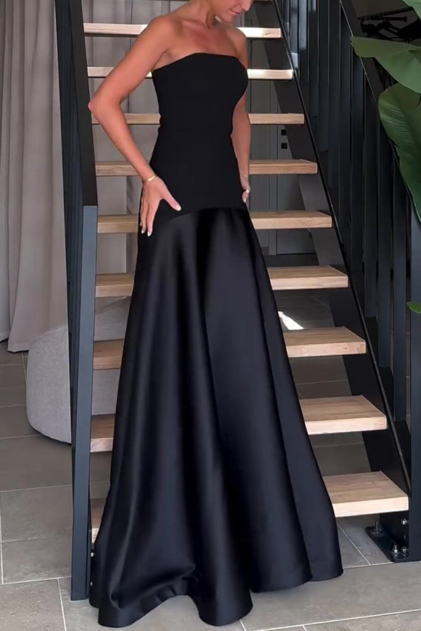 Satin Strapless Flare Maxi Dress – Patchwork Gown