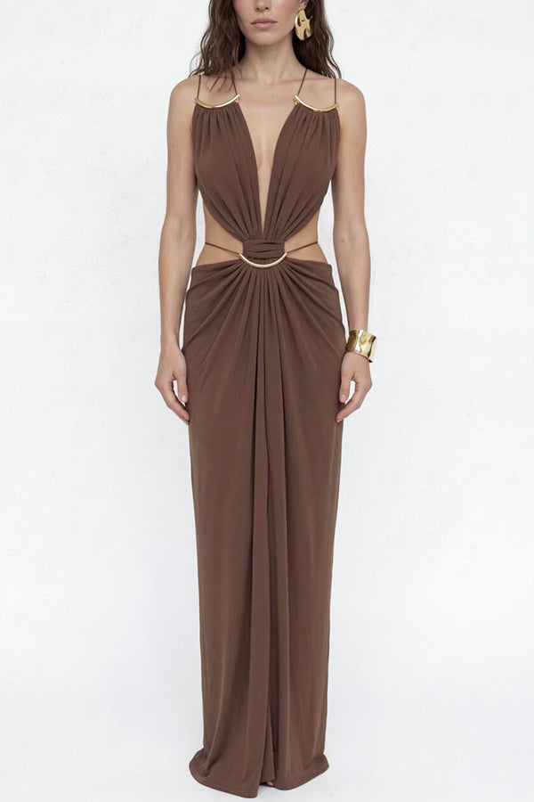 Metal-Link Cutout Back Lace-Up Drape Maxi Dress