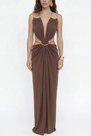 Metal-Link Cutout Back Lace-Up Drape Maxi Dress