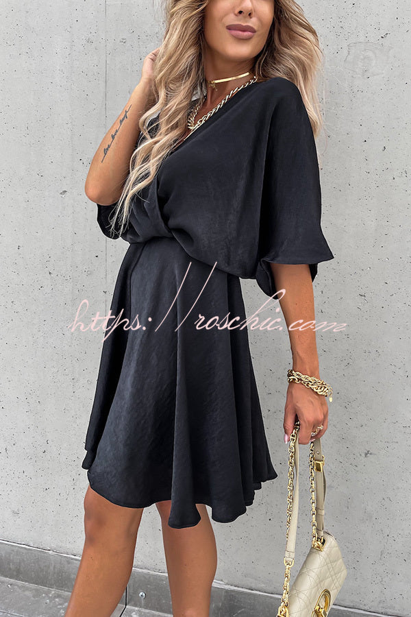 Batwing Sleeve Satin Mini Dress – Loose Fit V-Neck
