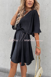 Batwing Sleeve Satin Mini Dress – Loose Fit V-Neck