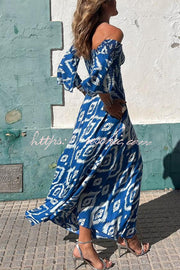 Ethnic Print Smocked Off Shoulder Maxi Dress with Pockets