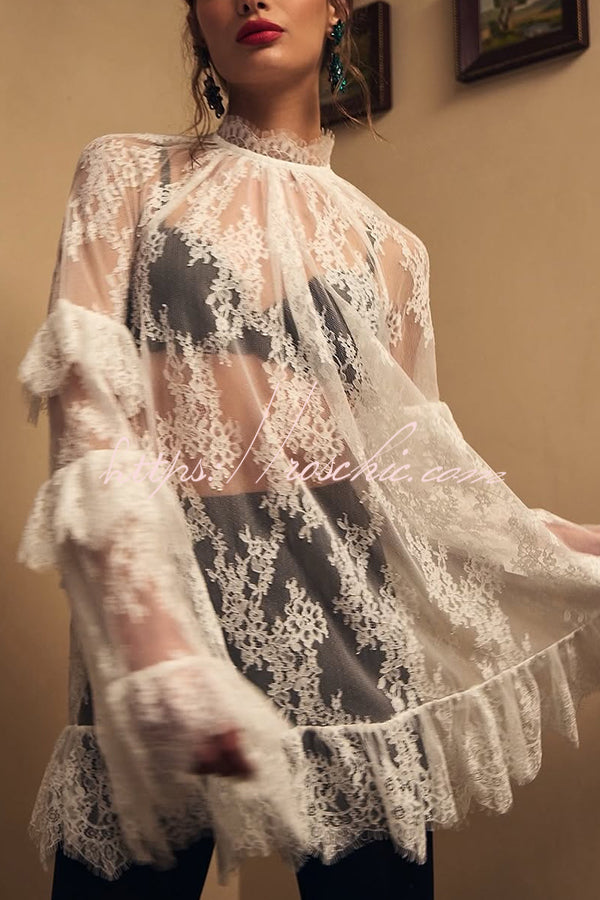 Lace Long-Sleeve See-Through Mini Dress – Loose Fit