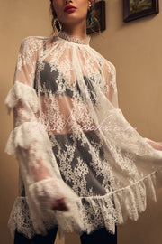 Lace Long-Sleeve See-Through Mini Dress – Loose Fit