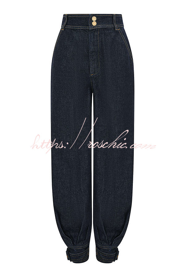 High Rise Denim Harem Pants with Ankle Strap Buckle