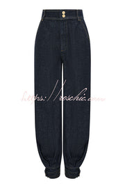 High Rise Denim Harem Pants with Ankle Strap Buckle