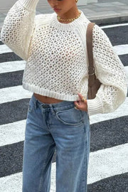 Openwork Knit Sweater – Backless Tie Back, Round Neck