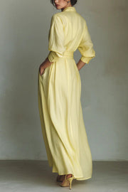 Solid Color Lapel Maxi Dress with Pockets | Long Sleeve