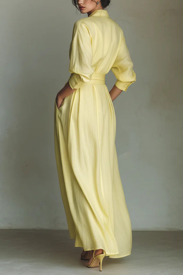 Solid Color Lapel Maxi Dress with Pockets | Long Sleeve