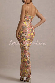 Floral Sequin Maxi Dress – 80s Square Neck Slip Style