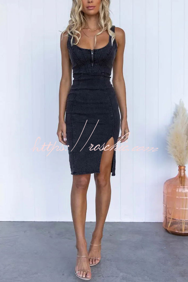 Denim Midi Dress with Adjustable Straps & Zip-Up Front