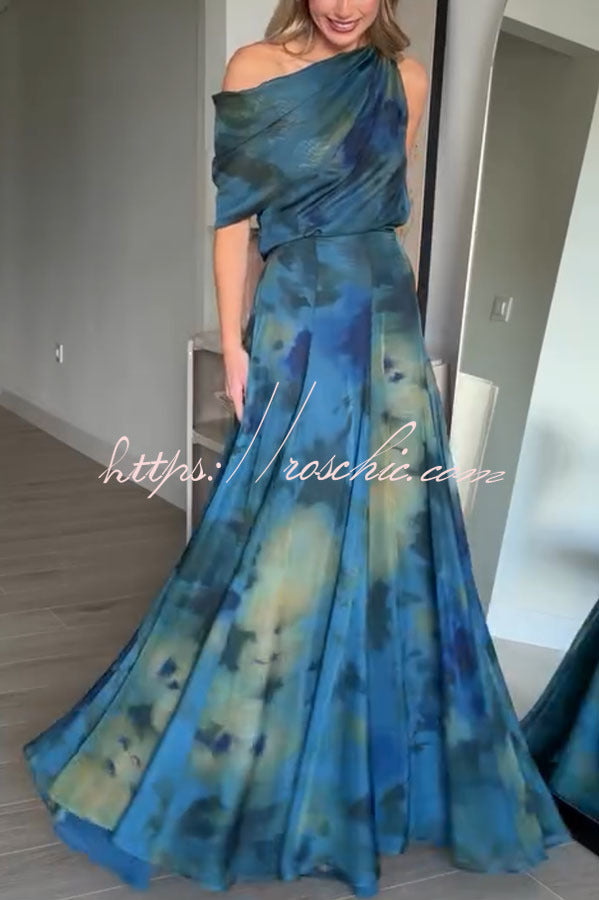 Chiffon Ombré Print Cowl Neck Top & High-Rise Maxi Skirt Set