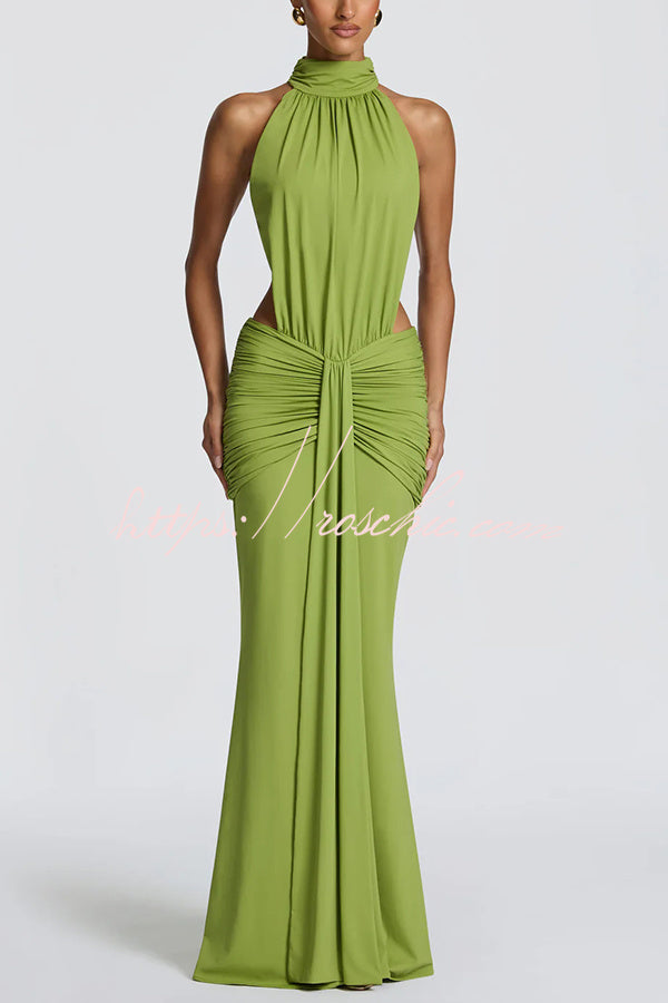 Stretch Slinky Jersey High Neck Ruched Backless Maxi Dress