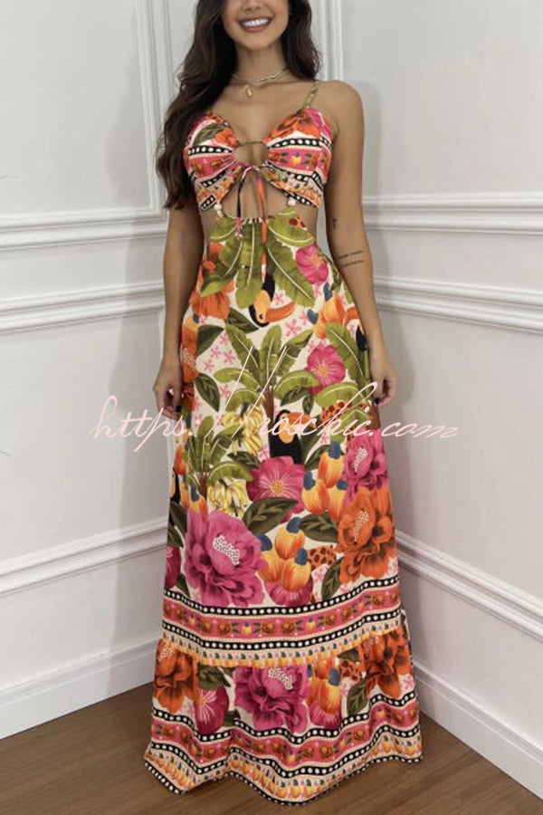 Tropical Print Maxi Dress - Lace-Up V Neck Vacation Dress