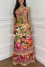 Tropical Print Maxi Dress - Lace-Up V Neck Vacation Dress