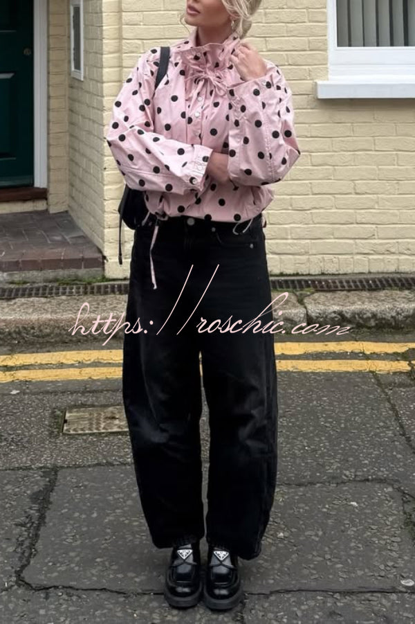 Polka Dot Loose Jacket with Stand Collar & Bow Tie Detail