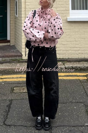Polka Dot Loose Jacket with Stand Collar & Bow Tie Detail