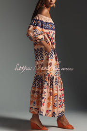 Printed Off-Shoulder Midi Dress with Pockets – Flowy Fit