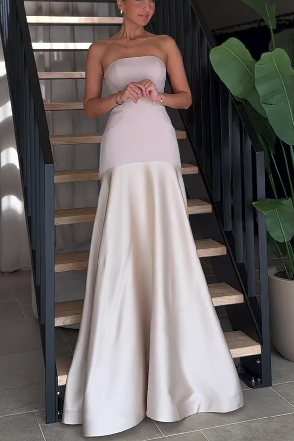 Satin Strapless Flare Maxi Dress – Patchwork Gown