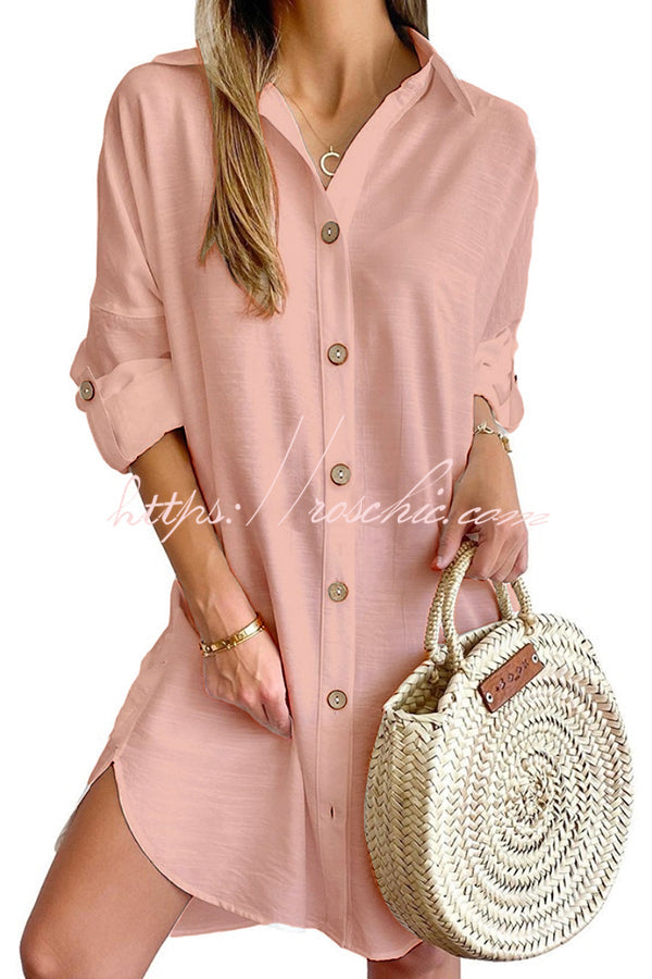 Mini-robe boutonnée de couleur unie – Coupe ample décontractée