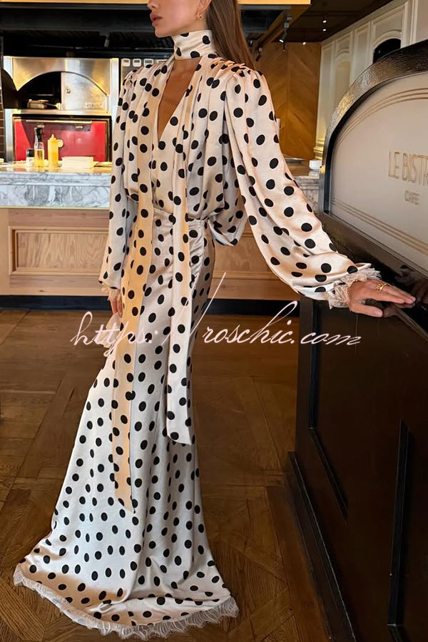 Satin Polka Dot Balloon Sleeve Blouse with Tie-up V-Neck