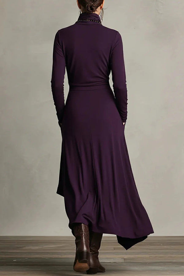 High Neck Long Sleeve Solid Maxi Dress – Irregular Hem