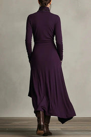 High Neck Long Sleeve Solid Maxi Dress – Irregular Hem