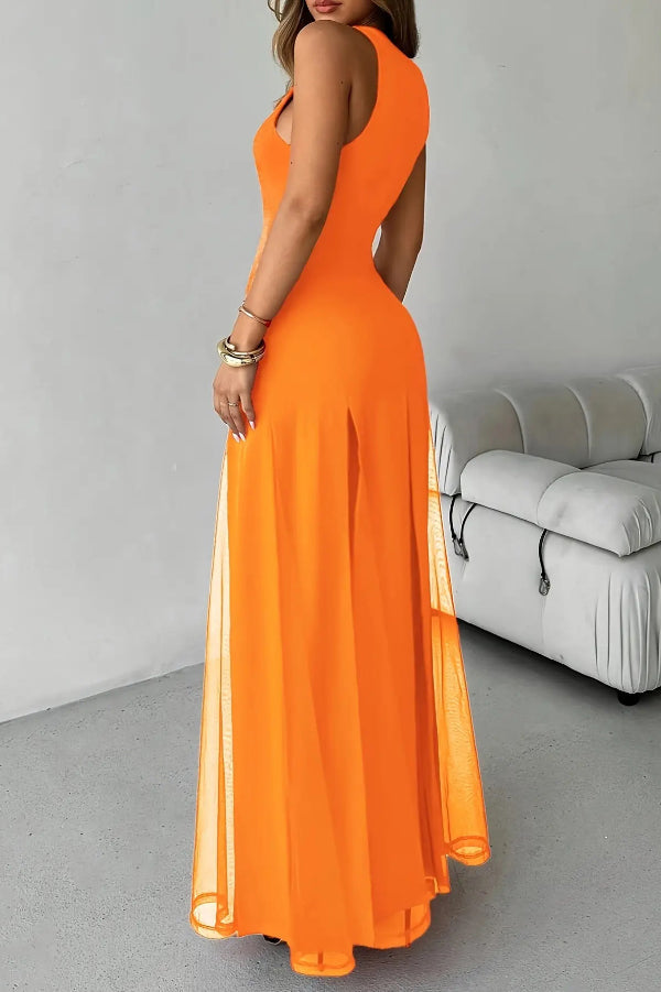 Sheer Patchwork Hem Sleeveless Maxi Dress | Vacation & Party