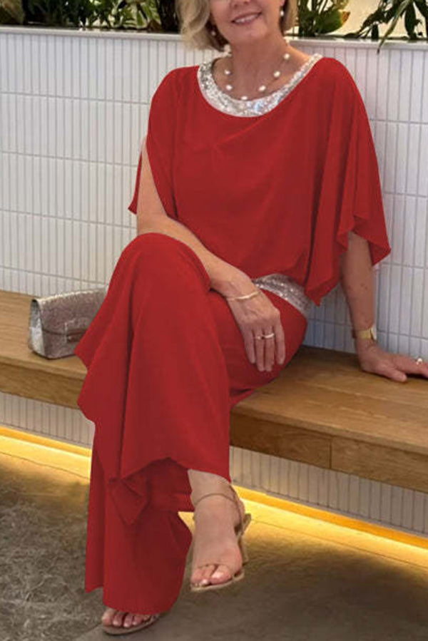 Sequin Patchwork Dolman Sleeve Top & Wide Leg Pants Set