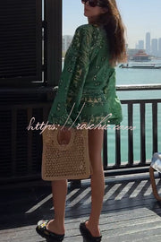 Linen Blend Ethnic Print Bell Sleeve Mini Wrap Dress