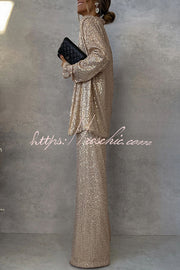 Sequin Wide Leg Pants High Rise Elastic Waist Party