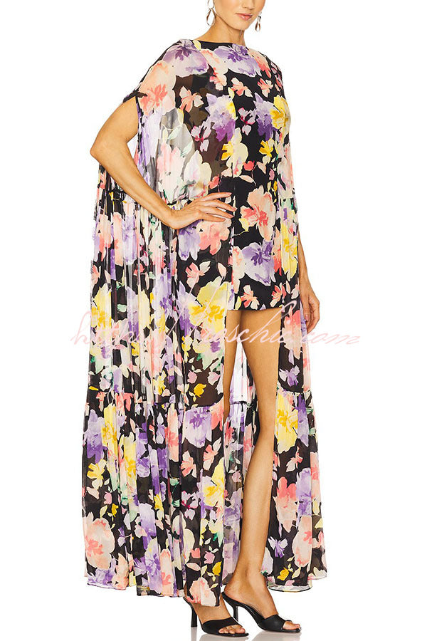 Floral Print High Low Cape Maxi Dress for Party & Vacation