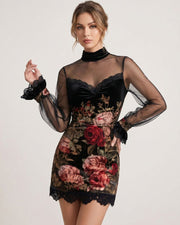 Lace-Trim Printed Mesh Mini Dress