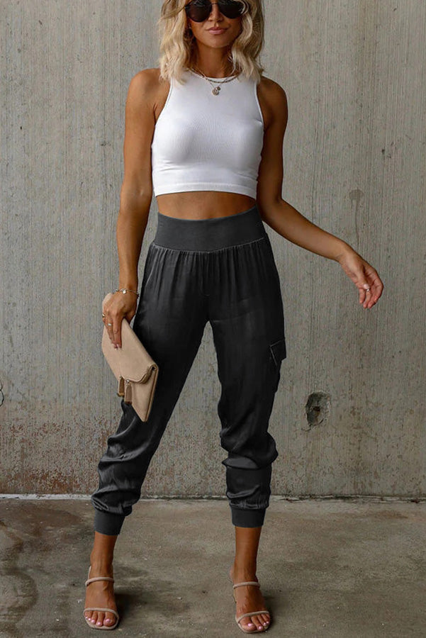 Satin High Waist Joggers with Pockets – Ankle Length