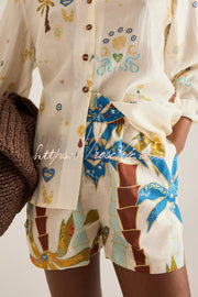 Linen Blend Printed Shirt & Elastic Waist Shorts Set