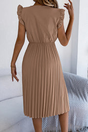 Robe midi plissée sans manches à col en V et bordure en dentelle