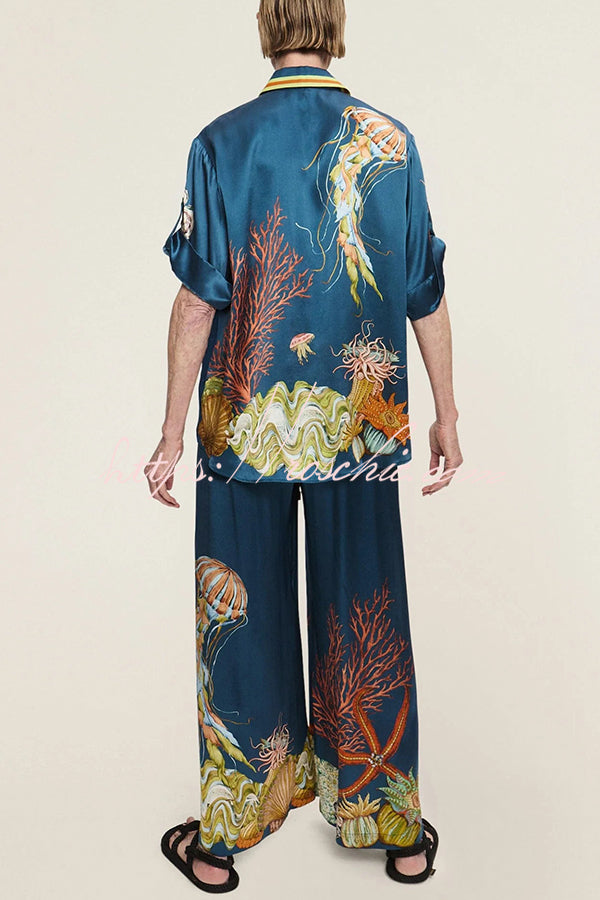 Linen Blend Printed Lapel Short Sleeve Shirt & Wide Leg Pants Set