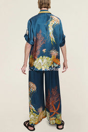 Linen Blend Printed Lapel Short Sleeve Shirt & Wide Leg Pants Set