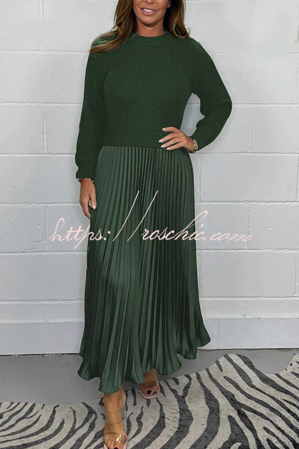 Knitted Maxi Dress | Round Neck Long Sleeve Patchwork