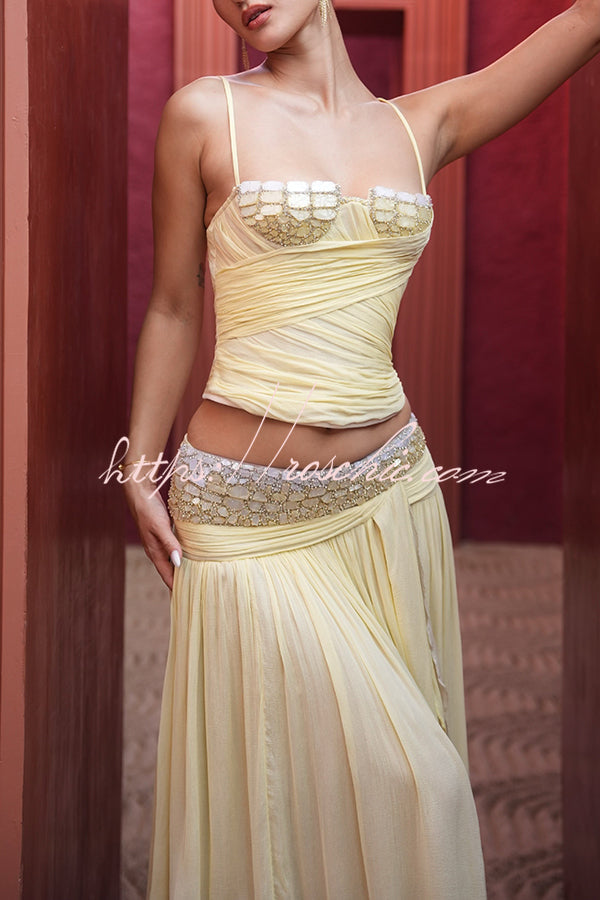 Pleated Chiffon Crystal Beaded Lace-Up Tank Top