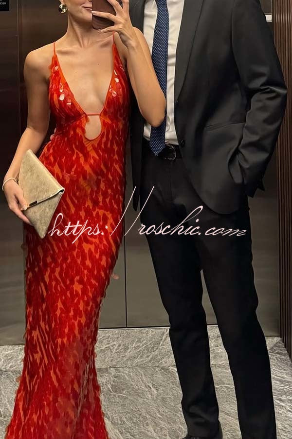 Fish Scale Sequin Cutout U-Neck Slip Maxi Dress